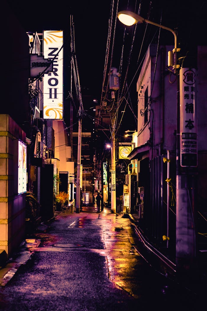 A captivating street scene in Shinjuku, Tokyo, showcasing vibrant neon lights on a rainy night.